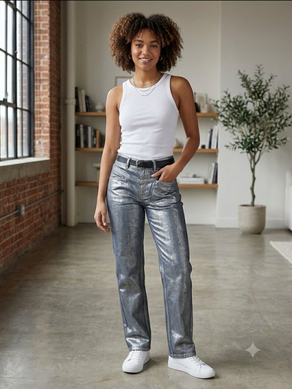 NWT BDG Urban Outfitters Cowboy Jean Silver Metallic Straight Leg Mid‎ Rise